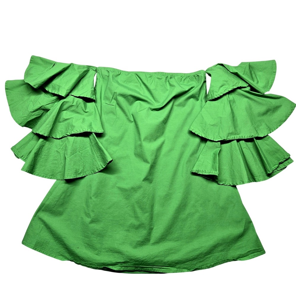 Banjul Dress‎ Womens Large Green Off Shoulder Ruffle Tiered Sleeve Boho